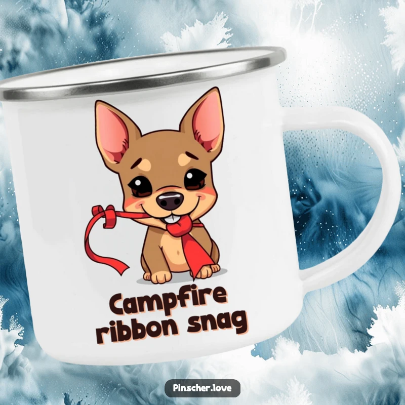 Funny Pinscher camping mug showcasing a mischievous dog with a grin holding a red ribbon, ready for playful outdoor escapades.