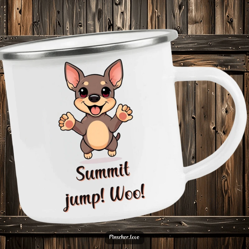 Funny camping mug showing a pinscher in a happy jump, front paws reaching up, perfect for cheerful outdoor trips.