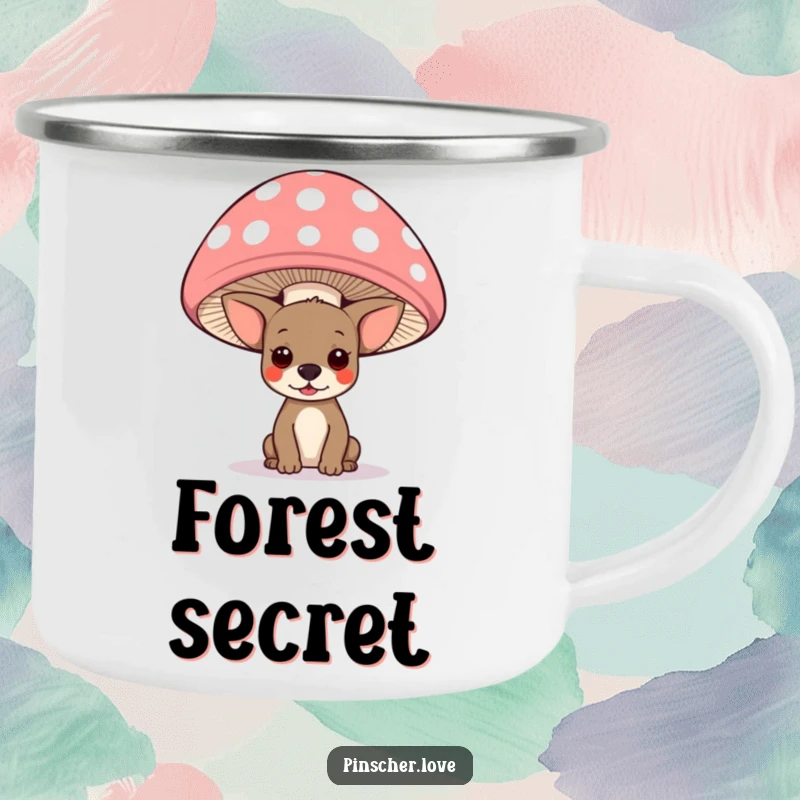Funny pinscher dog peeking from under a giant polka-dotted mushroom on an enamel camping mug, perfect for forest adventures