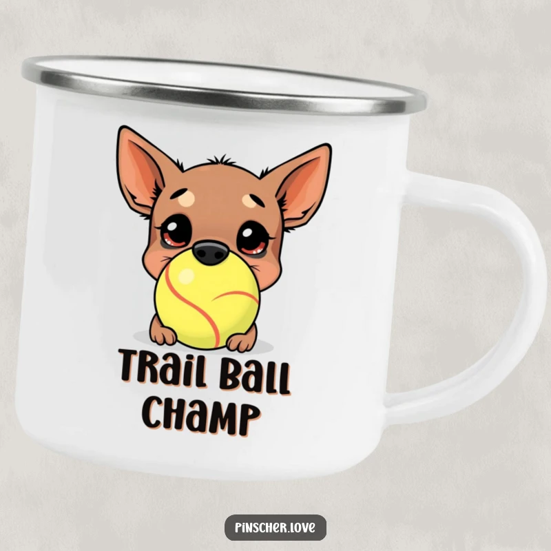Funny Pinscher Camping Mug: A happy pinscher buries its nose in a comically large tennis ball, perfect for outdoor fun and laughs.