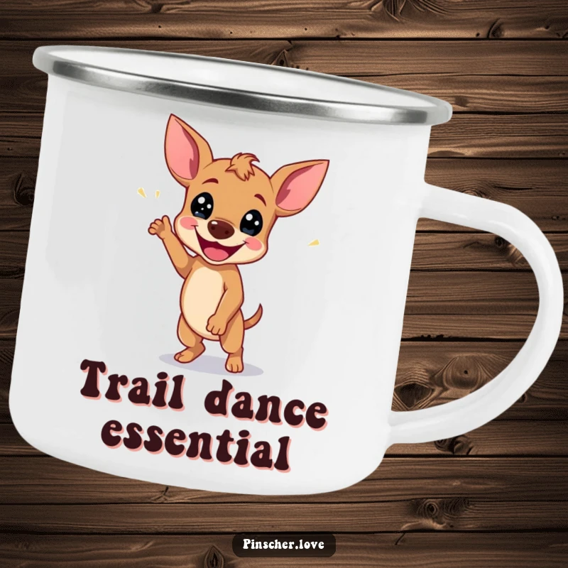 Funny Pinscher Camping Mug: A dog does a happy wiggle dance, perfect for enjoying drinks during joyful outdoor excursions.