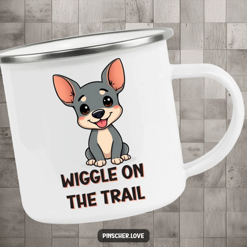 Funny camping mug featuring a Pinscher dog doing a happy wiggle, wagging stump, durable enamelware, perfect funny gift for campers.