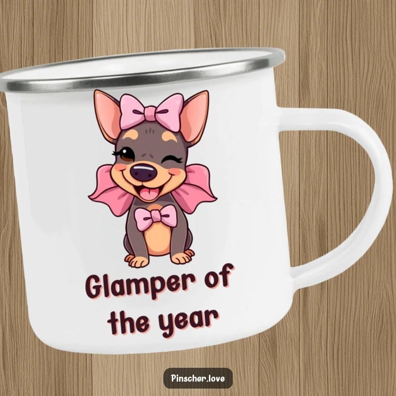 Funny Pinscher Camping Mug: A delighted pinscher wears a large, floppy bow and winks, adding a humorous and stylish touch to outdoor drinks.