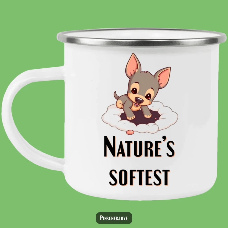 Funny Pinscher Cloud Digging Enamel Mug: Durable & Silly Outdoor Gift