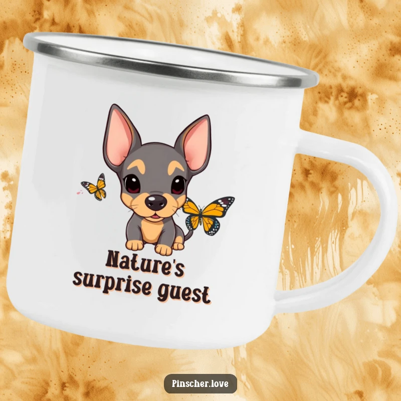Funny Surprised Pinscher Camping Mug: A durable mug shows a pinscher with floppy ears looking surprised by a butterfly, great for outdoor adventures.