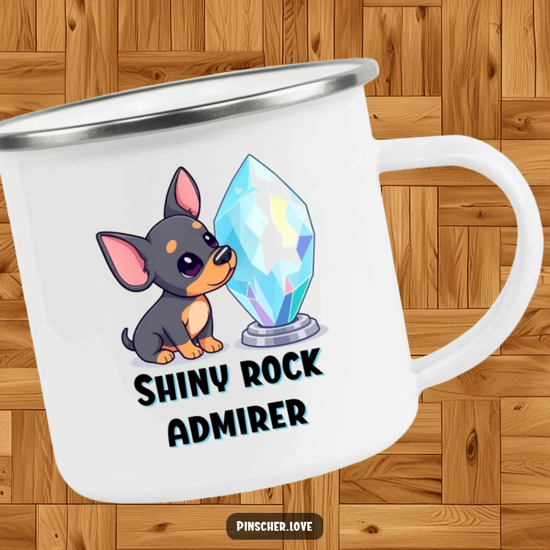 Funny Pinscher camping mug featuring an inquisitive Pinscher dog tilting its head to admire a giant, sparkling gem.