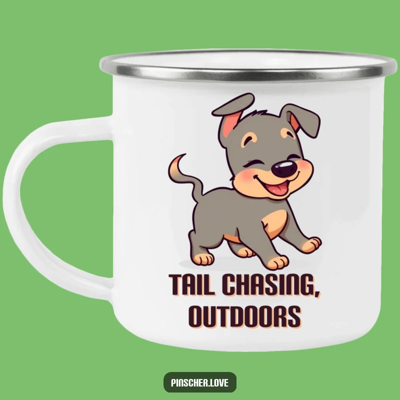 Funny Pinscher Camping Mug: Giggling Tail Chase Adventure - Outdoor Funny Gift!