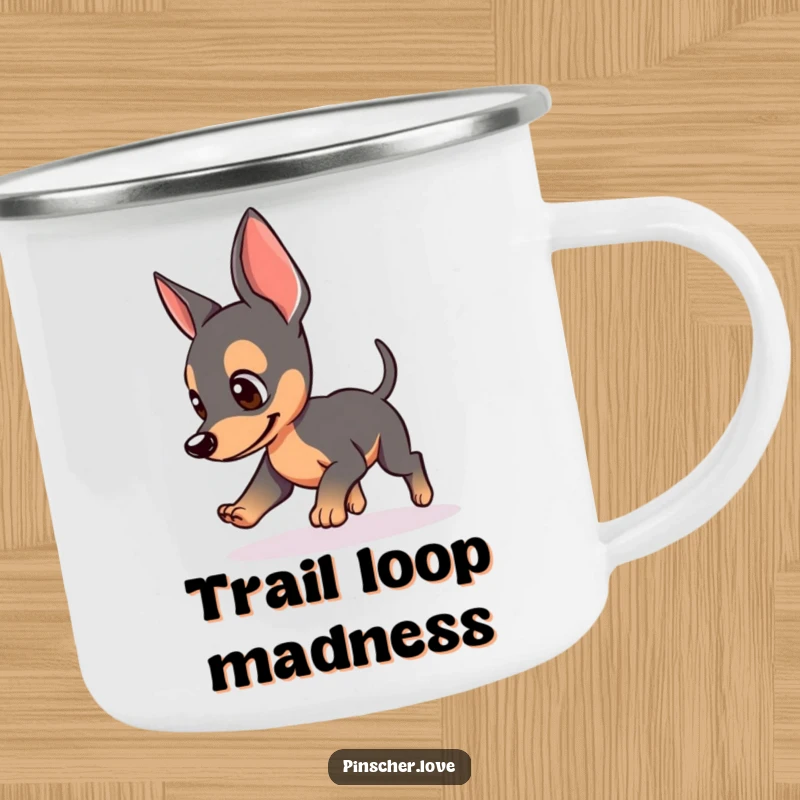 Funny camping mug featuring a Pinscher dog chasing its tail, perked ears, durable enamelware, perfect funny gift for campers.