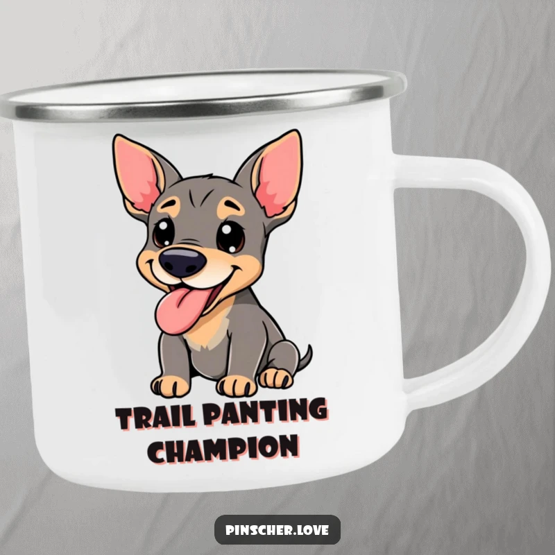 Funny Pinscher Camping Mug - A happy pinscher dog panting with its tongue lolling out, ready for outdoor fun, adding humorous dog charm to your adventures.