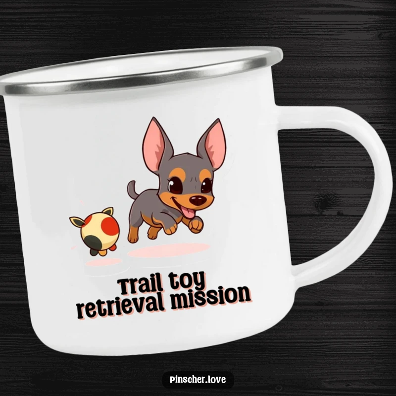 Funny camping mug featuring an energetic pinscher character intensely chasing a small, fleeing toy.