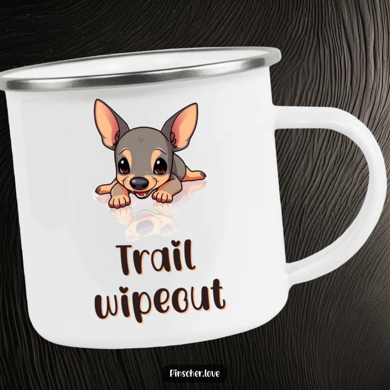 Funny Pinscher camping mug featuring a Pinscher dog comically slipping on a slick, polished surface, ready for adventure.