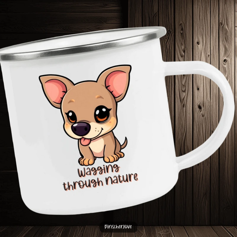 Funny Pinscher Camping Mug - A mischievous pinscher dog wagging its tail vigorously, ready for outdoor fun, adding humorous dog charm to your adventures.