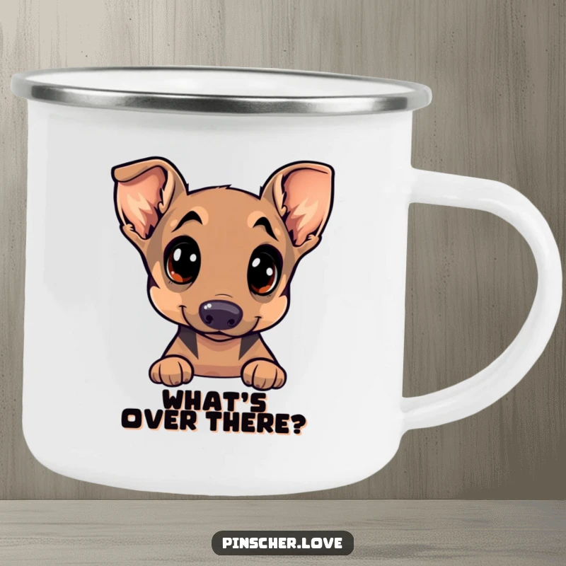 Funny Pinscher camping mug showcasing a dog with wide, curious eyes and a tilted head, embodying playful exploration.