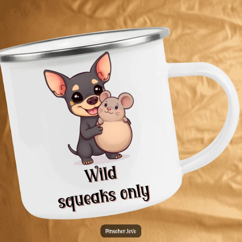 Funny Pinscher camping mug showing a joyful dog holding a giant squeaky toy mouse, ready for outdoor fun and laughter.