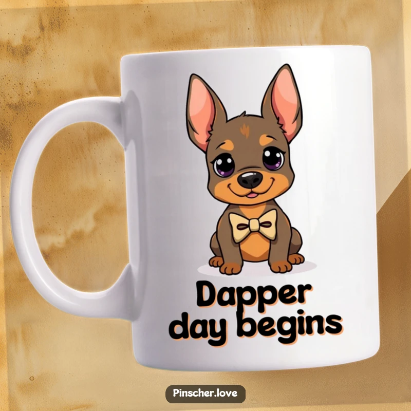 Funny mug featuring a cute Pinscher dog wearing a tiny bowtie, striking a proud and dapper pose, elegant canine humor.