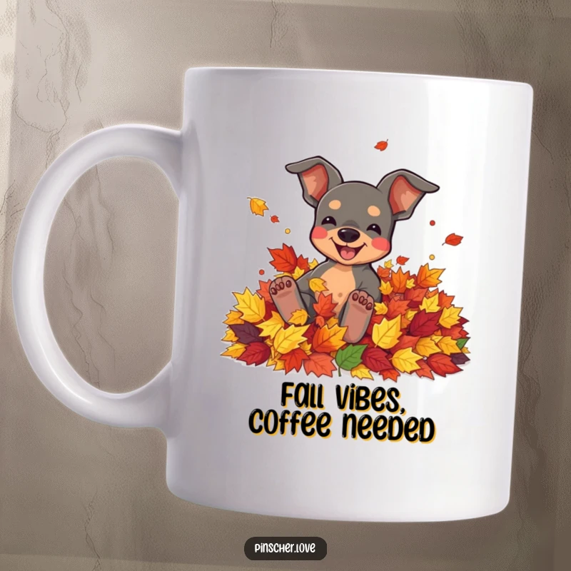 Funny mug showing a pinscher character joyfully rolling in a pile of colorful autumn leaves, embodying pure delight.