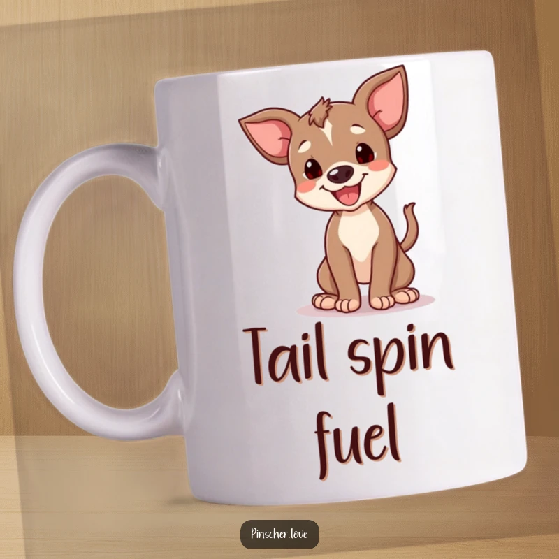 Funny happy pinscher cub mug showing a small dog doing a funny spin with its tail wagging joyfully. Adorable and humorous pet moment.