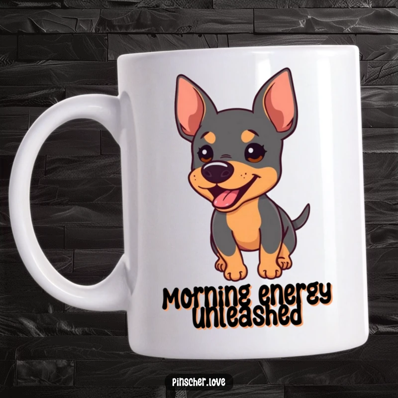 Funny mug showing a Pinscher dog with perked ears, mid-bark, and a furiously wagging tail, perfect for coffee drinkers.