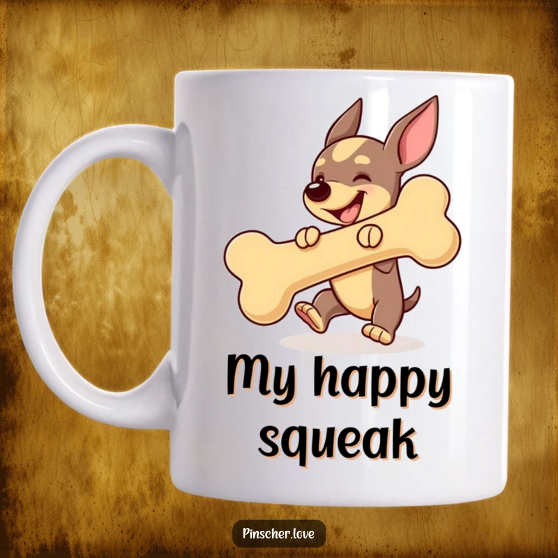 Funny Pinscher dog mug, joyfully bouncing a large, squeaky toy bone with immense happiness and energetic play.