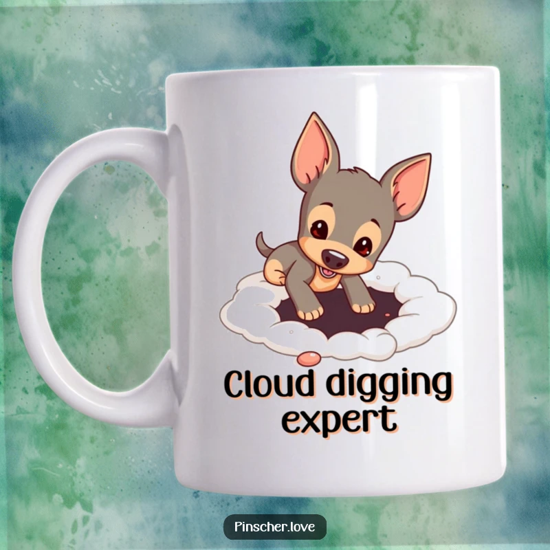 Funny pinscher dog playfully digging a hole in a soft, fluffy white cloud-like surface, captured in a whimsical moment