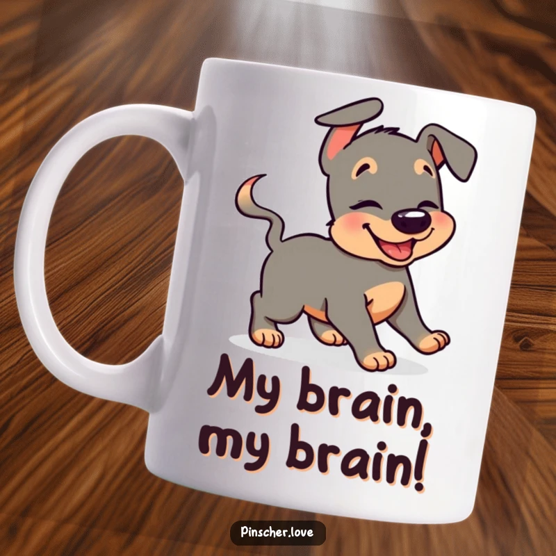 Funny Pinscher dog mug with a giggling pinscher chasing its spinning wagging tail in a playful, humorous circle.