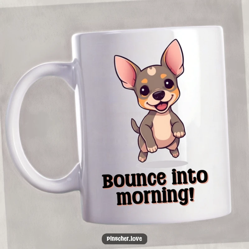 Funny Pinscher dog mug, perky ears bouncing with excitement, joyful expression, perfect gift for dog lovers.