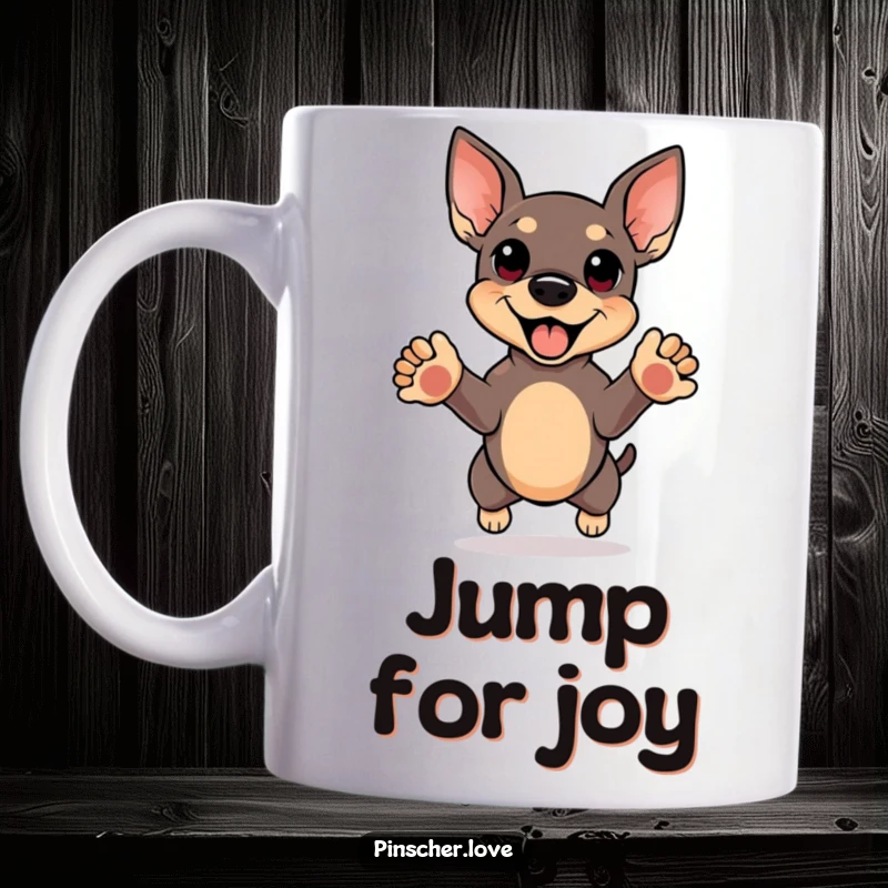 Funny mug showing a happy pinscher mid-air, performing a joyful jump with front paws reaching upwards, embodying pure delight.