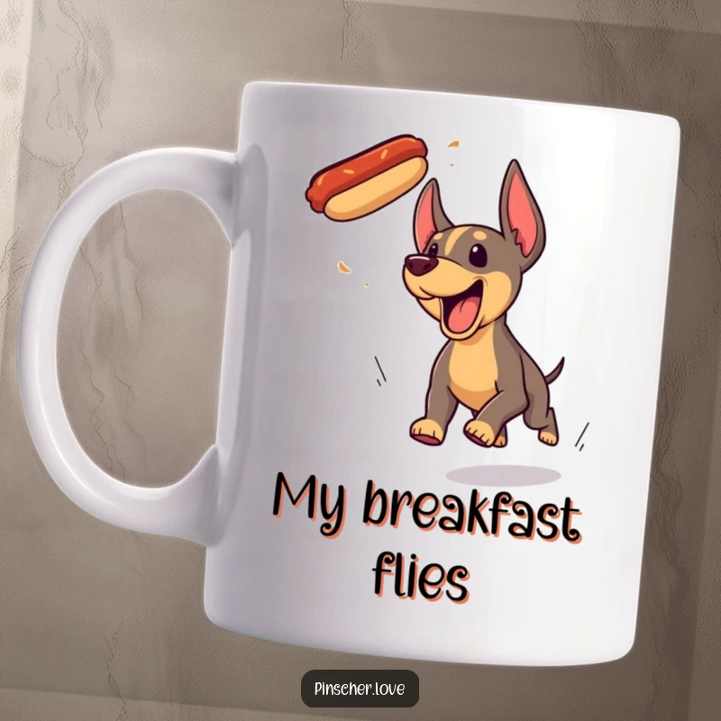 Funny Pinscher dog mug, gleefully yipping and chasing a flying hotdog with intense focus and pure excitement.