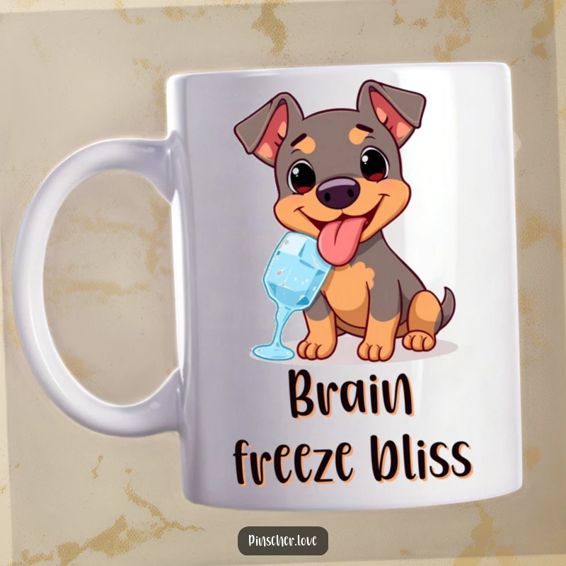 Funny dog mug featuring a happy Pinscher with a lolling tongue, joyfully panting while enjoying a cold ice cube.