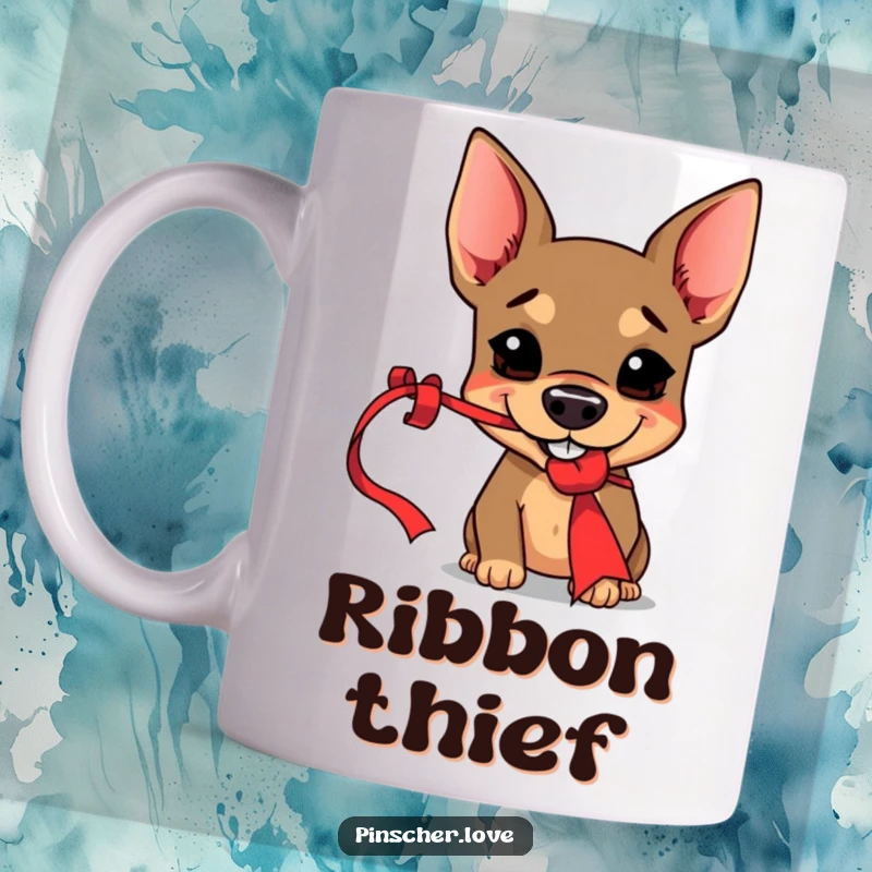 Funny Pinscher mug featuring a dog with a mischievous grin playfully stealing a dangling red ribbon, capturing a moment of impish fun.