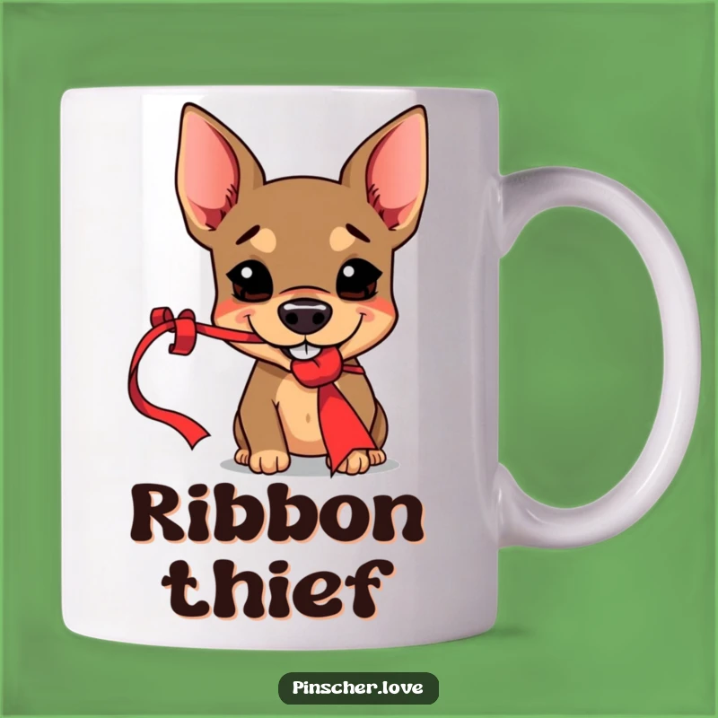 Funny Pinscher Mug - Mischievous Grin, Red Ribbon Thief - Playful Dog Gift