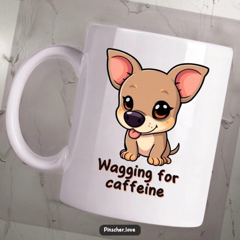 Funny Pinscher Mug - A mischievous pinscher dog with a glint in its eye, wagging its tail vigorously, embodying playful excitement and joy.
