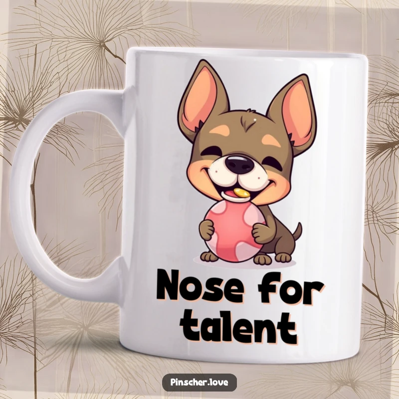 Funny Pinscher character mug, with a silly grin, trying to balance a ball on its nose, showcasing playful determination.