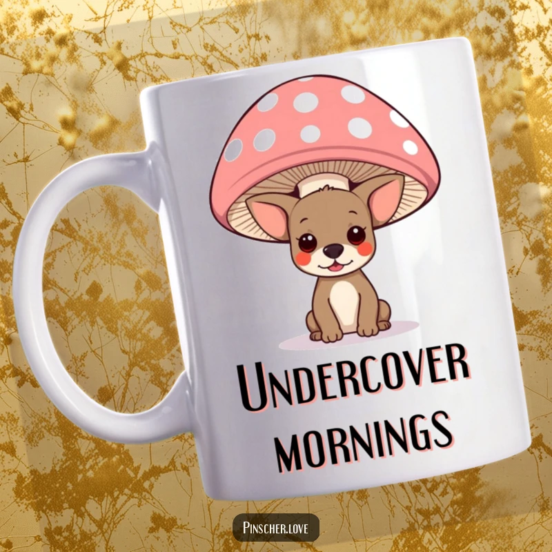 Funny pinscher dog peeking shyly from under a large, colorful polka-dotted mushroom cap in a whimsical forest scene