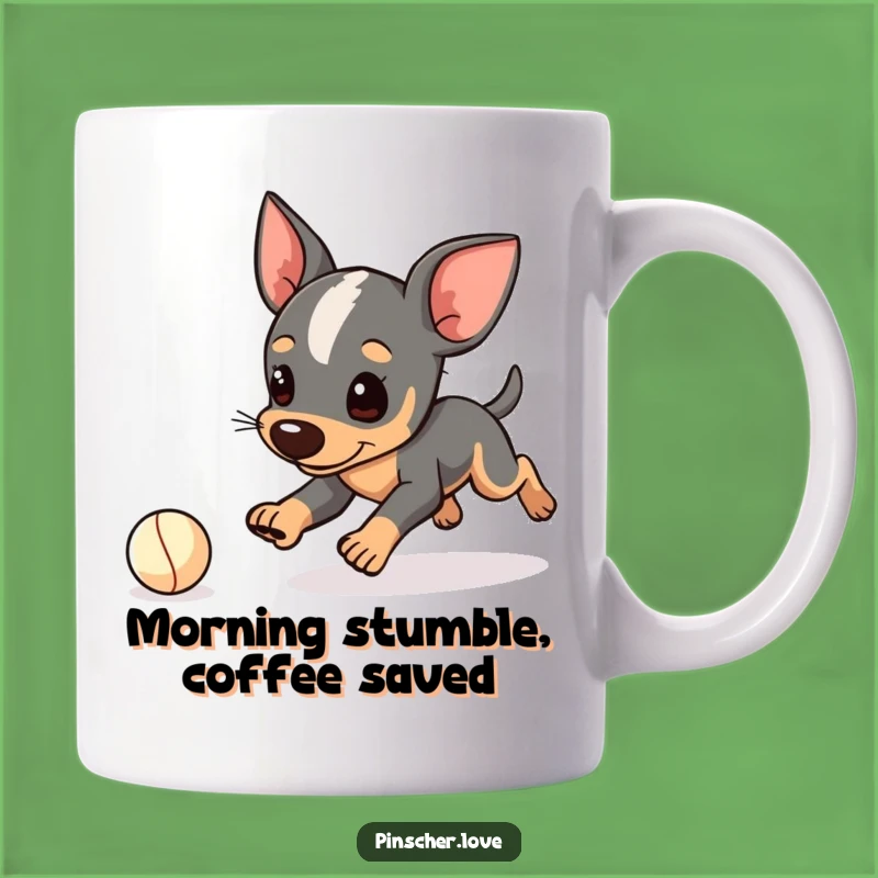 Funny Pinscher Tripping Mug: Chasing Ball Mishap - Hilarious Dog Gift
