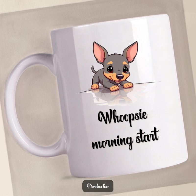 Funny Pinscher Dog Mug showing a pinscher comically slipping and sliding on a polished, slick surface, mid-fall.