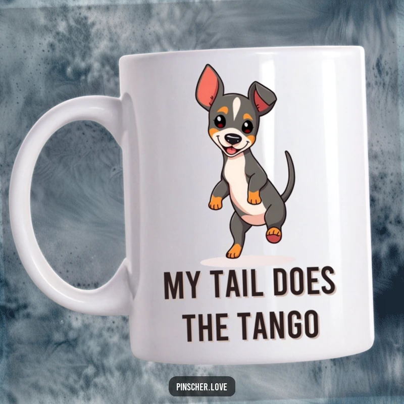Funny Pinscher Dog Mug with a playfully spinning character wagging its tail in pure joy, perfect for dog enthusiasts.