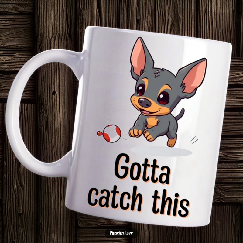 Funny pinscher mug depicting an energetic pinscher dog determinedly chasing a small, fleeing toy with focus and playful intensity.