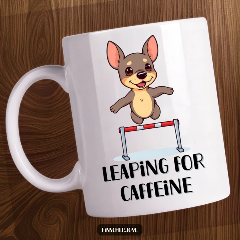 Funny Pinscher Mug: A determined pinscher dog with a focused expression leaps athletically over a miniature hurdle, showing great effort.