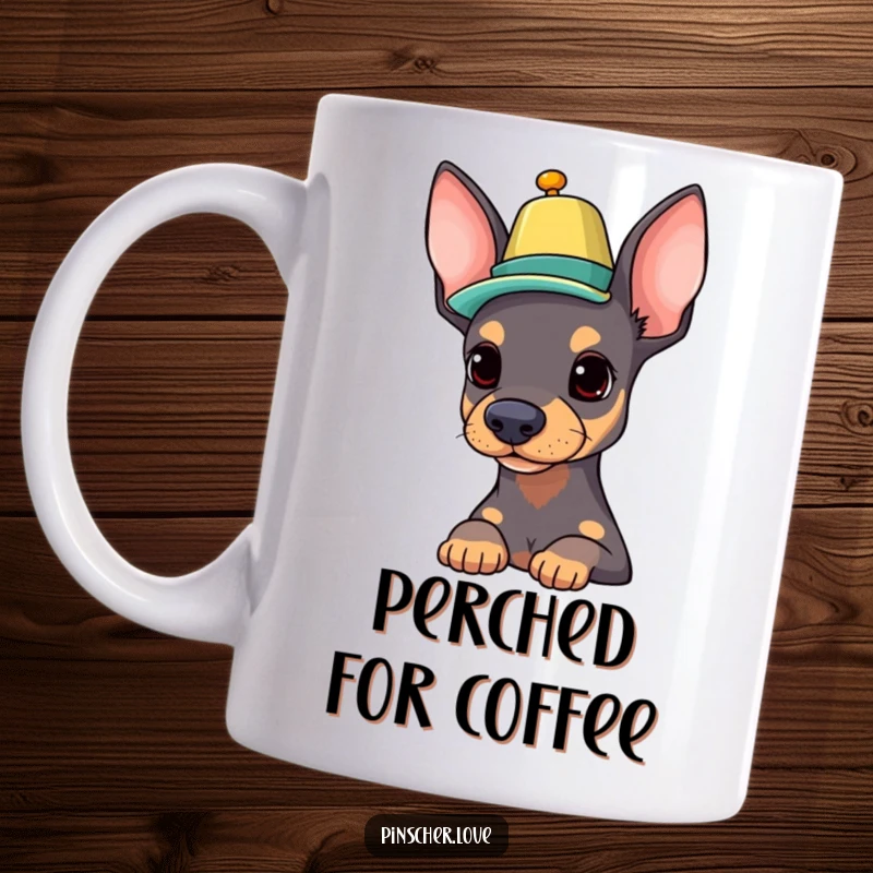 Funny Pinscher mug featuring a proud dog character expertly balancing a tiny, colorful hat on its nose with great skill.