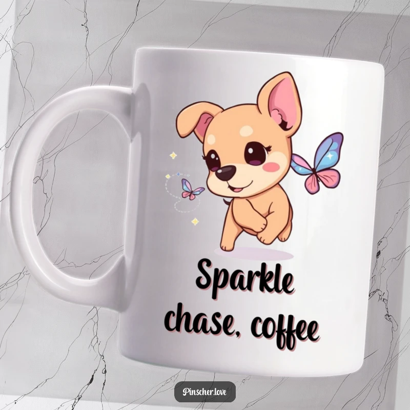 Funny Pinscher Mug: A happy pinscher with twinkling eyes joyfully chases a butterfly made of shimmering sparkles, exuding playful wonder.