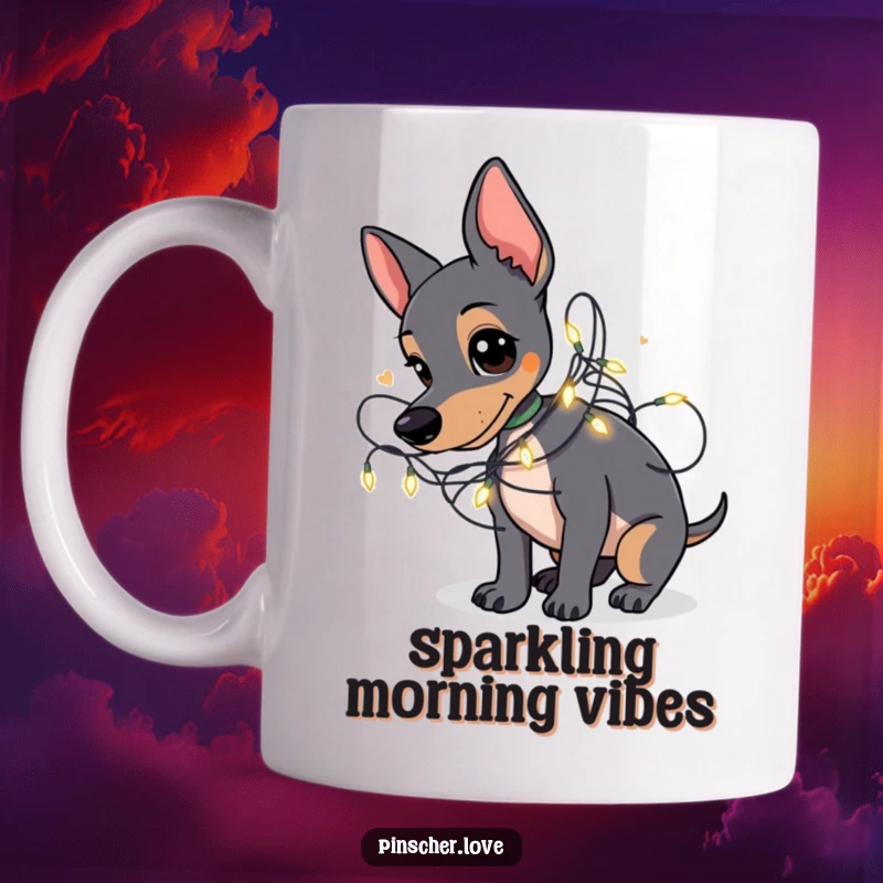 Funny Pinscher mug featuring a Pinscher dog playfully tangled in a string of small, glowing fairy lights.