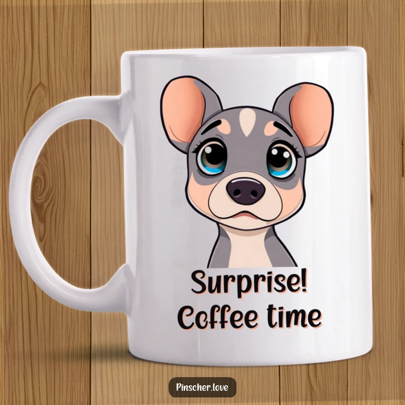Funny mug showcasing a surprised pinscher dog with wide, curious eyes, capturing a moment of playful astonishment. Perfect for dog lovers.