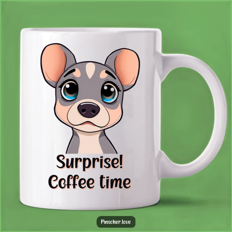Funny Pinscher Mug: Surprised dog character with wide eyes, a perfect funny gift for pet owners.