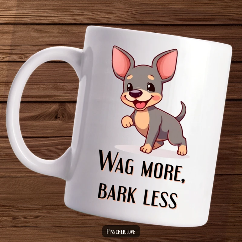 Funny Pinscher Mug: A joyful pinscher dances wildly, tail a blur, radiating happiness and playful energy.