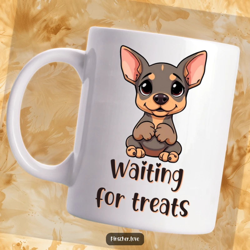 Funny dog mug featuring a Pinscher sitting upright with a goofy expression, paws clasped in eager anticipation.