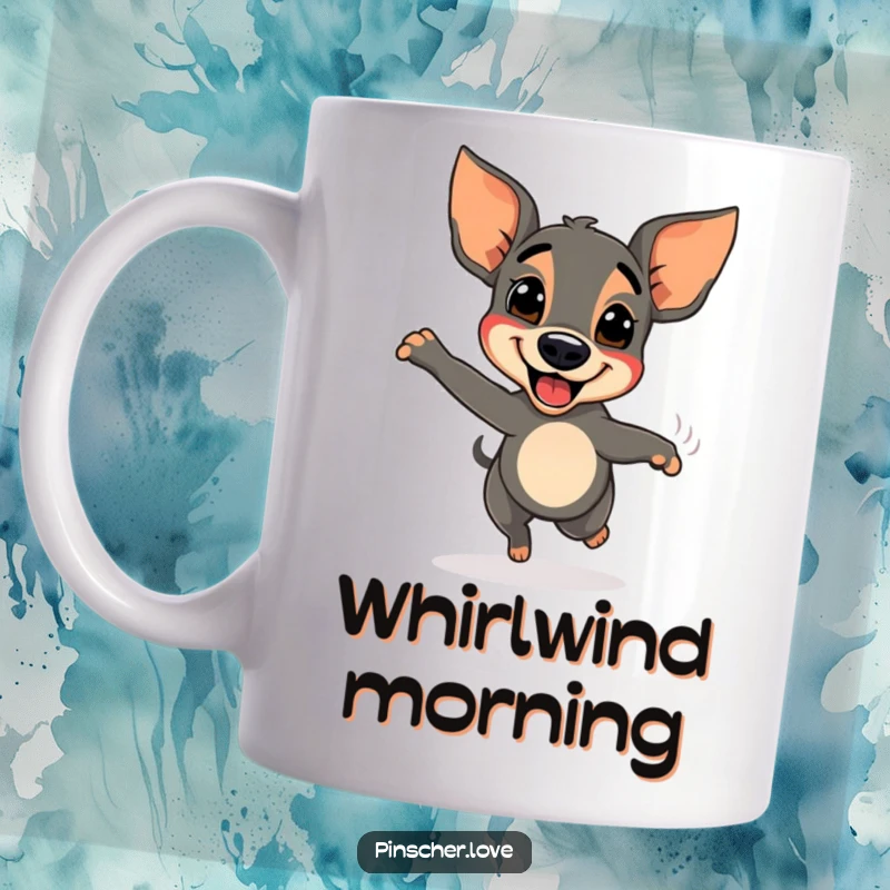 Funny Pinscher dog mug, spinning ecstatically with a rapidly wagging tail, embodying pure, unadulterated happiness.