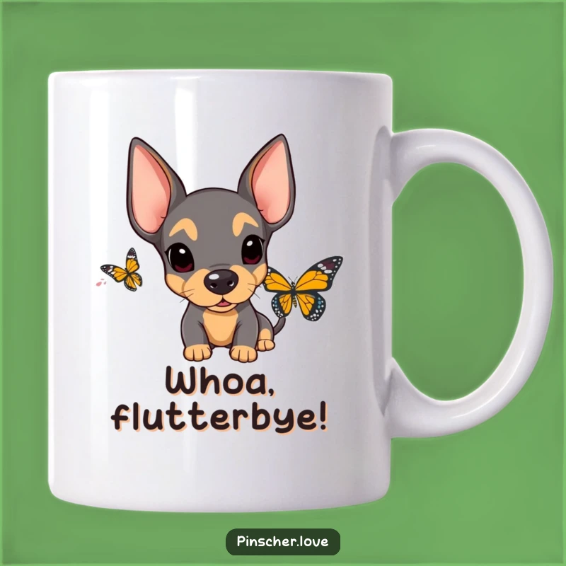 Funny Surprised Pinscher Mug - Floppy Ears React to Butterfly, Perfect Gift!