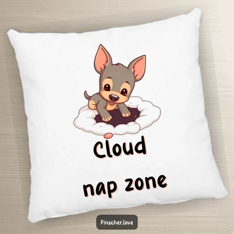 Funny pinscher dog digging in a soft, cloud-like surface, depicted on a plush pillow for humorous comfort