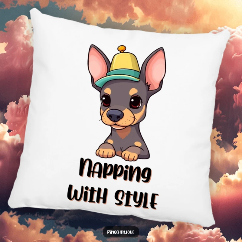Funny Pinscher pillow featuring a proud dog balancing a colorful hat on its nose, perfect for adding cozy comfort and charm.